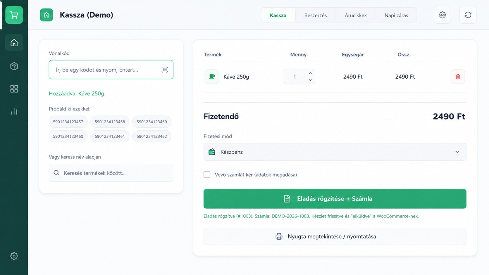 A FountainTrade pénztár felülete vonalkódos eladással — szemléltető kép